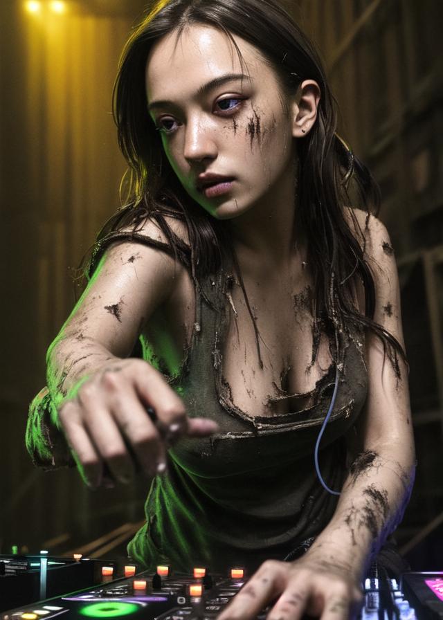 Artificial Intelligence (AI) generated image art, ... as a DJ at a rave, in a warehouse, (rugged and dirty clothing), (close up), (portrait), hippie, art by greg rutkowski, 8k, (highly detailed), (photorealistic)...作为狂欢的DJ,在仓库里,(粗犷和肮脏的衣服),(特写),(肖像),嬉皮士,格雷格·鲁特科夫斯基的艺术,8K,(高度详细),(逼真的)