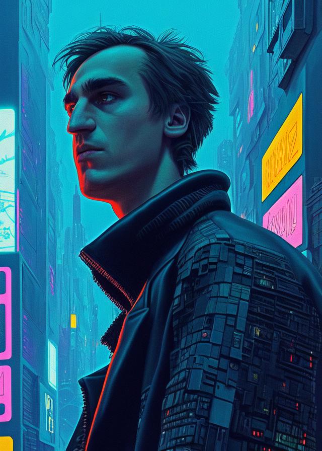 Artificial Intelligence (AI) generated image art, ... in a dystopian city street, walking in a cool jacket, ((((by Josan Gonzalez)))), (close up), portrait, by Moebius, focus, sharp, vector, cyberpunk