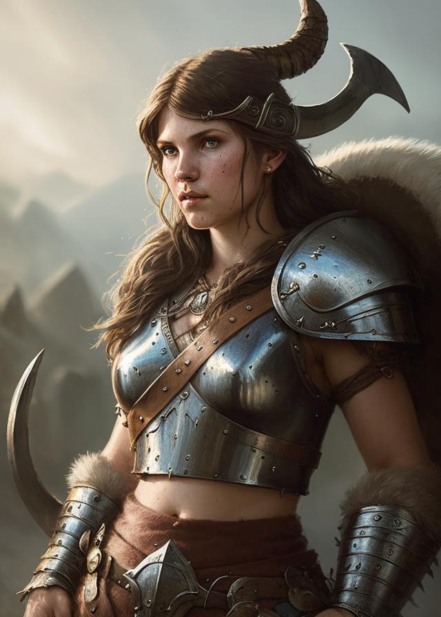 Artificial Intelligence (AI) generated image art, fantasy viking woman warrior, ((((portrait)))), ..., dnd, art by Greg Rutkowski, highly detailed, sharp focus, 4k