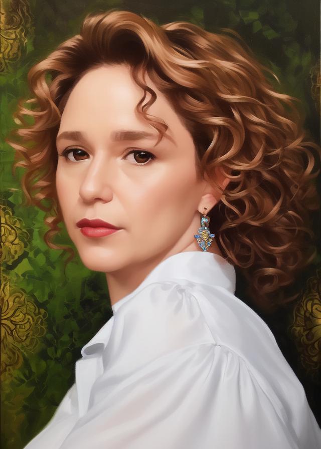 Artificial Intelligence (AI) generated image art, ...  ((portrait)), elegant, (in the style of Kehinde Wiley), oil painting, highly detailed, shoulder length curly hair