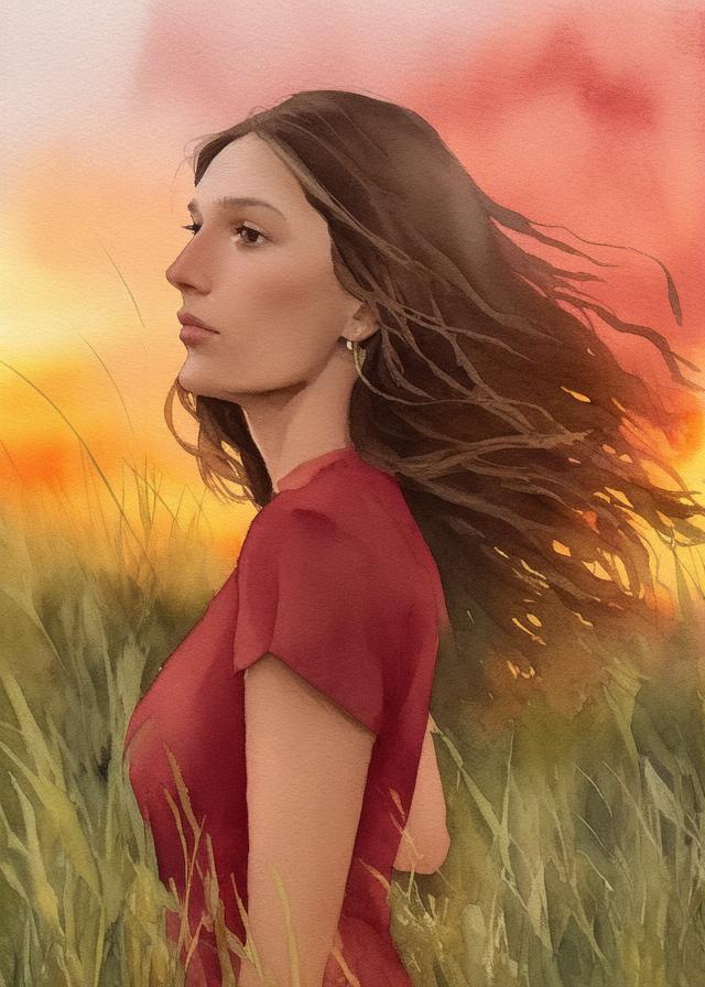 Artificial Intelligence (AI) generated image art, ..., side portrait, in tall grass, watercolour painting, red sunset