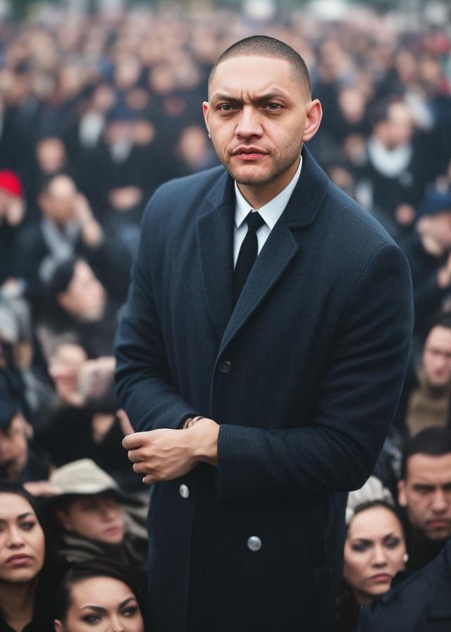 Artificial Intelligence (AI) generated image art, ... “early rainy morning” candid wide-angle portrait, ((daytime lighting)), (addressing a crowd of people as far as the eye can see), photorealistic, cinematic, 8k, ultra-detailed, extremely sharp focus, dressed in Armani suit\"