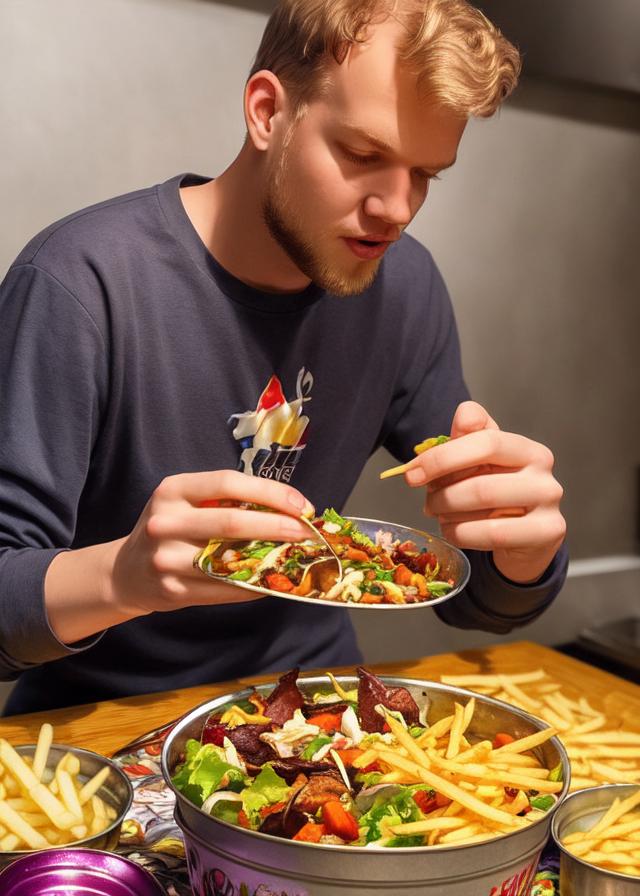 Artificial Intelligence (AI) generated image art, ..., eating dish containting french fries, a vegetable salad, and kebab meat. Served in a tin foil bowl, rainbow palette, by charlie bowater, ross tran, artgerm, and makoto shinkai