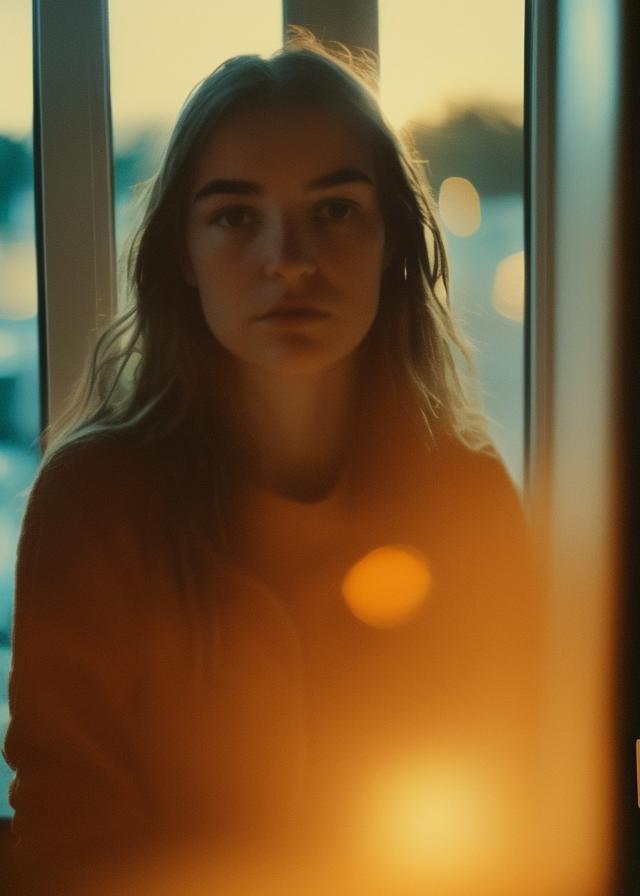 Artificial Intelligence (AI) generated image art, ..., portrait, old polaroid photo, golden hour, small old window with sunset, bathed in orange light, (highly detailed and natural eyes) dreamy and gloomy atmosphere, detailed face, highly detailed, 8k\\\\\\\"
