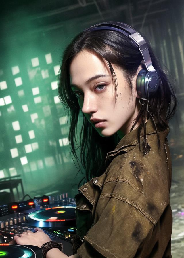 Artificial Intelligence (AI) generated image art, ... as a DJ at a rave, in a warehouse, (rugged and dirty clothing), (close up), (portrait), hippie, art by greg rutkowski, 8k, (highly detailed), (photorealistic)...作为狂欢的DJ，在仓库里，（粗犷和肮脏的衣服），（特写），（肖像），嬉皮士，格雷格·鲁特科夫斯基的艺术，8K，（高度详细），（逼真的）