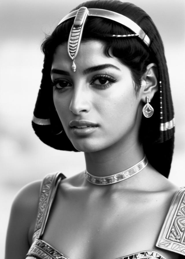 Artificial Intelligence (AI) generated image art, ..., Intense close-up of a young and fresh, Egyptian queen cleopatra , dressed in an elegant dress with jewelry, determination and grit in sharp focus, eyes blazing with determination. Serenity, Determination, Survival, George Miller Style.