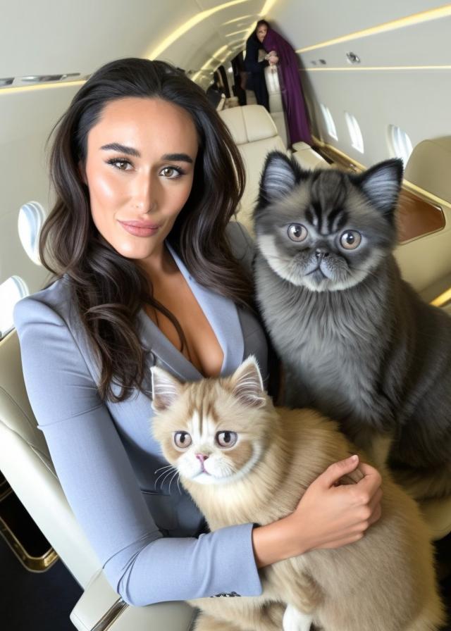 Artificial Intelligence (AI) generated image art, ... sitting in a private jet with two persian cats