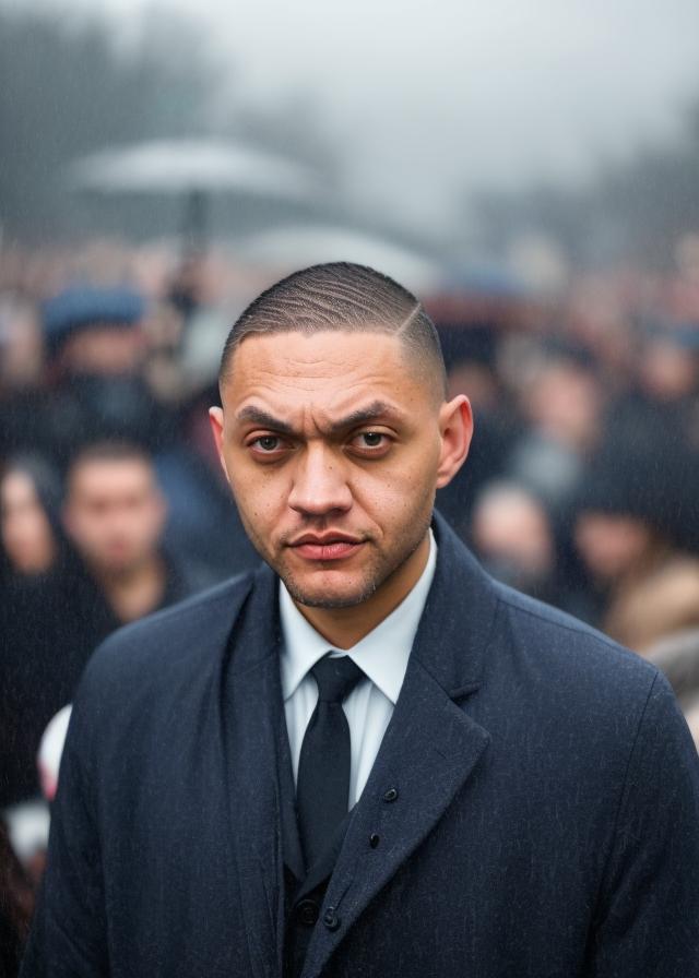 Artificial Intelligence (AI) generated image art, ...  “early rainy morning” candid wide-angle portrait, ((daytime lighting)), (addressing a crowd of people as far as the eye can see), photorealistic, cinematic, 8k, ultra-detailed, extremely sharp focus, dressed in Armani suit\"