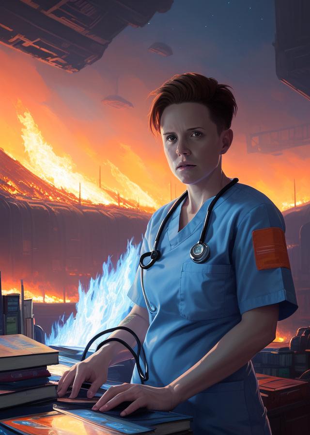 Artificial Intelligence (AI) generated image art, ..., (portrait), orange, space nurse stethoscope, (((one person))), on alien fire planet, hundreds of books in background, books on fire, large stack of books on fire in background, concept art, by Greg Rutkowski, blue sunset, highly detailed, close up, epic