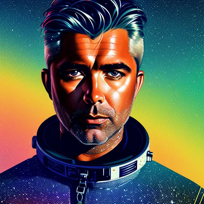 Artificial Intelligence (AI) generated image art, ... ( ( dither ) ), portrait, editorial illustration young astronaut man in space, modern art deco, colorful, ( ( mads berg ) ), christopher balaskas, victo ngai, rich grainy texture, detailed, dynamic composition, wide angle, moebius, matte print\"