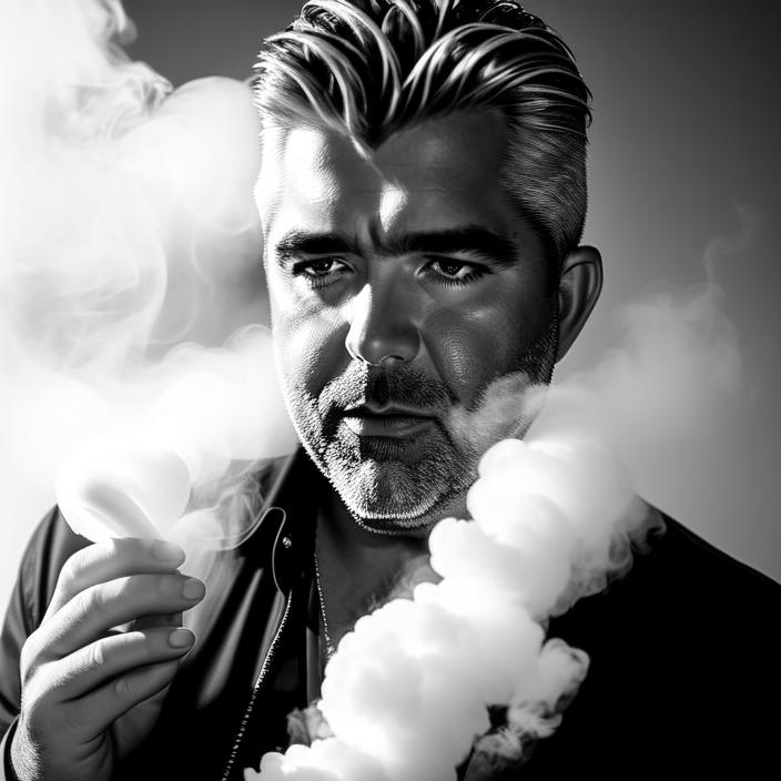 Artificial Intelligence (AI) generated image art, ... award-winning photo of a man confidently staring into the camera while blowing a large puff of white thick smoke, centered, perfect composition, black and white, in the style of annie liebowitz \"