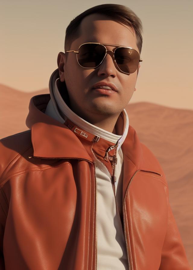 Artificial Intelligence (AI) generated image art, ..., sunglasses, on mars, leather jacket, art by greg rutkowski, cinematic lighting, 8k, sharp focus, highly detailed, contrast