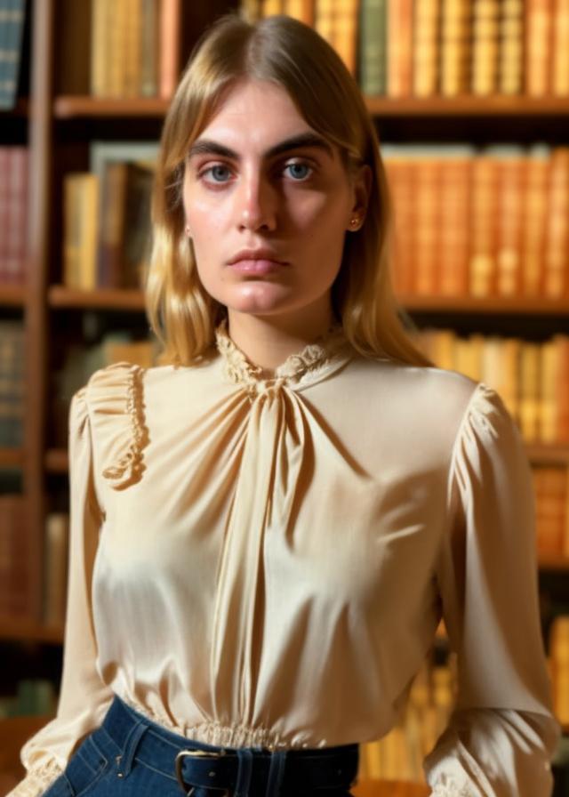 Artificial Intelligence (AI) generated image art, (portrait) of ... in (vintage blouse), realistic, detailed eyes,  detailed face features,  at a  (gothic library) with (mysterious light)