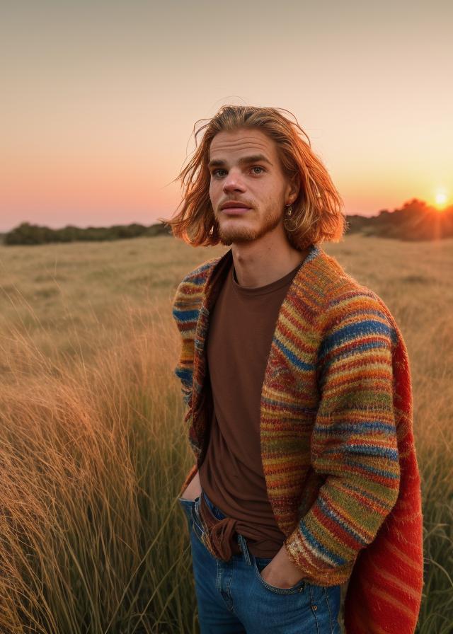 Artificial Intelligence (AI) generated image art, ..., portrait, wearing hippie clothing, in tall grass, Shot on Hasselblad H6D-400c lens, ultra high definition, ultra-realism, ultra realistic, young, handsome, red sunset