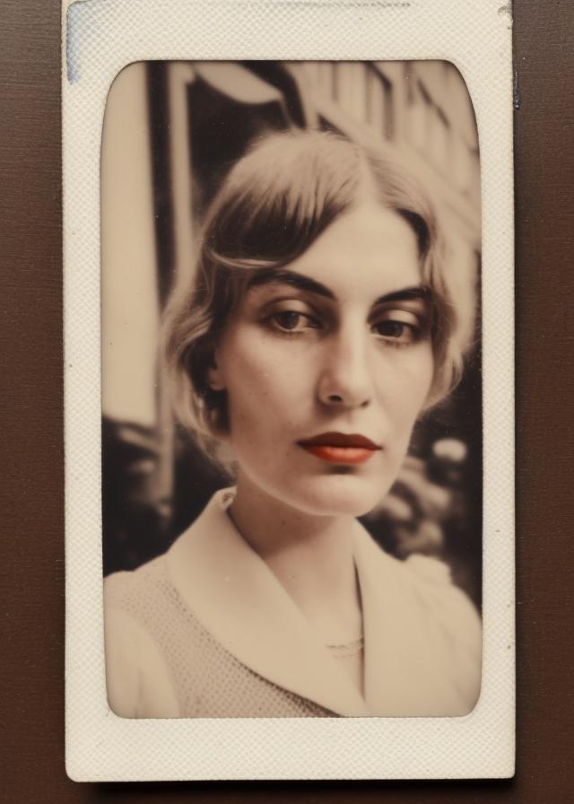 Artificial Intelligence (AI) generated image art, (portrait) of ... as a french lady (from 1920), old polaroid photo, realistic, detailed eyes,  detailed face features, (street with vintage shops at the background)