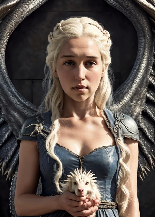 Artificial Intelligence (AI) generated image art, ... as daenerys targaryen, (((portrait))), next to a dragon, symmetrical, art by greg rutkowski, digital art, highly detailed, sharp focus, 8k