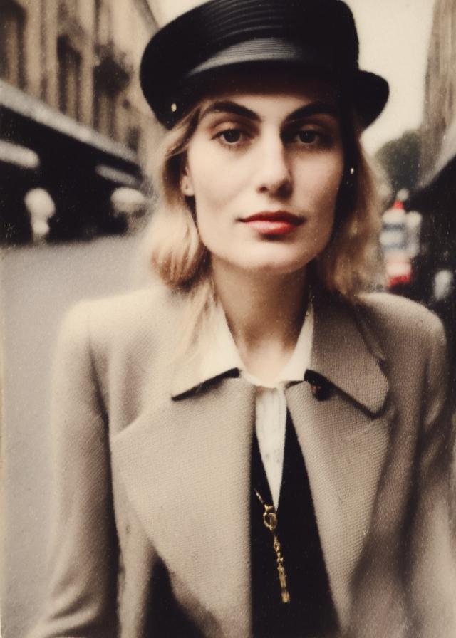 Artificial Intelligence (AI) generated image art, (portrait) of ... as a french lady (from 1920), shoot on old polaroid camera, (realistic face features) detailed eyes,  (detailed face features) (street with vintage shops at the background)