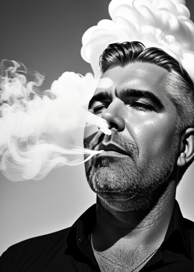 Artificial Intelligence (AI) generated image art, ..., photo of a man blowing a large puff of white thick smoke, black and white, in the style of annie liebowitz