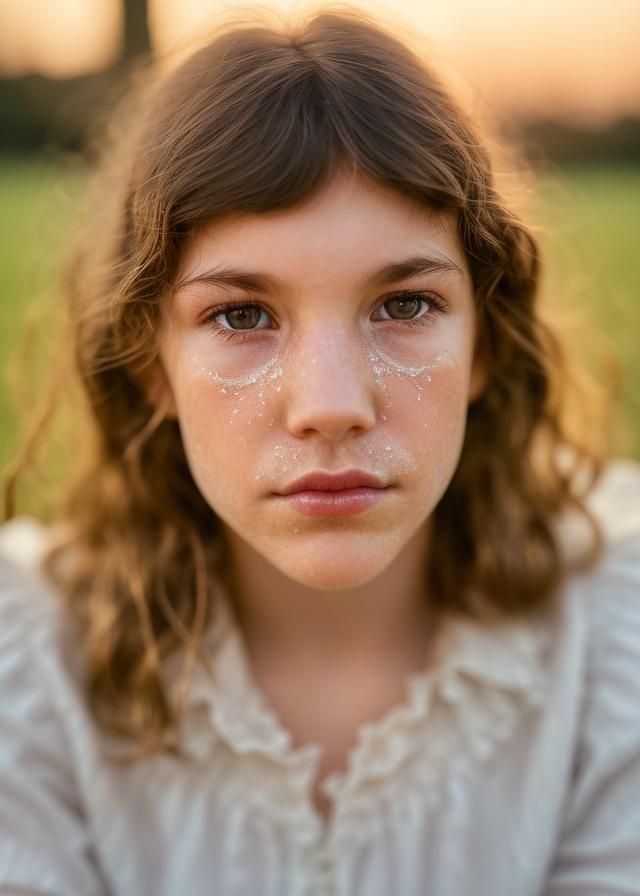 Artificial Intelligence (AI) generated image art, ... 30 years old, portrait, Shot on 28 mm kodak camera, twilight, countryside, bathed in twilight light, (glowing, smooth face) (highly detailed and natural eyes) dreamy and gloomy atmosphere, detailed face, highly detailed, 8k\\\\\\\"