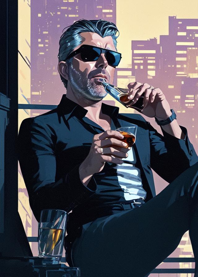 Artificial Intelligence (AI) generated image art, ..., sitting on a balcony, legs swinging back, wearing sunglasses and a black unbuttoned shirt, Derek Gores, sipping a scotch whiskey, by Josan Gonzalez  and Tomer Hanuka and Geof Darrow and Brad Rigney and  Greg Rutkowski,highly detailed, UHD, 8K, Ghost in the shell, Blade Runner, Trending on artstation, bokh, dof