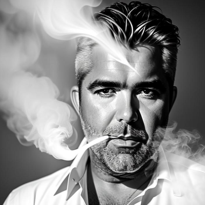 Artificial Intelligence (AI) generated image art, Slimmer face of ..., award-winning photo of a man confidently staring into the camera while blowing a large puff of white thick smoke, centered, perfect composition, black and white, in the style of annie liebowitz \"