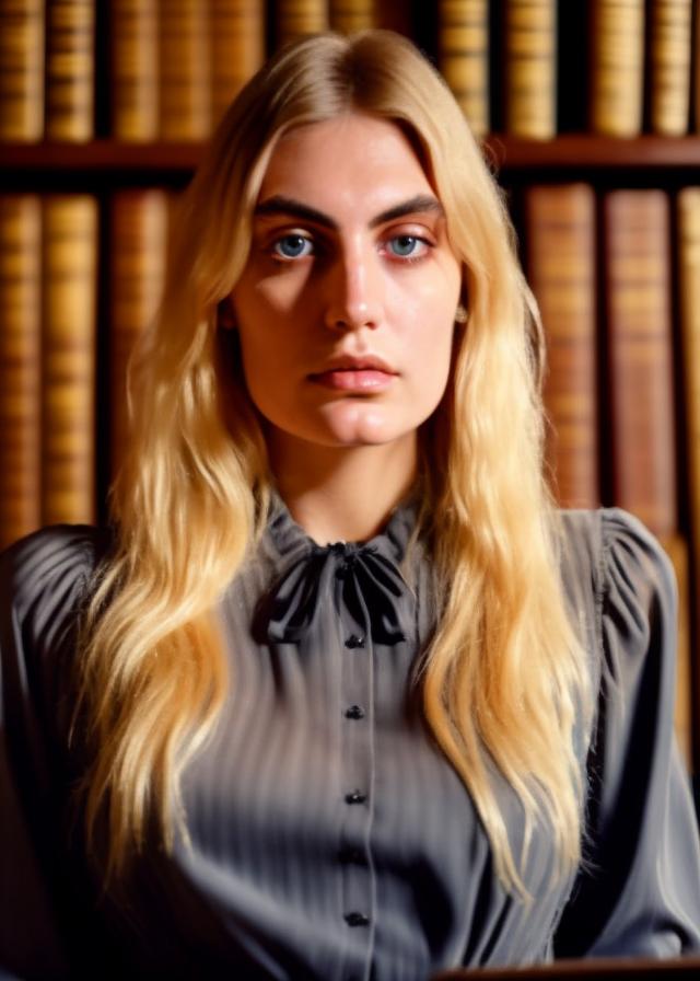 Artificial Intelligence (AI) generated image art, (portrait) of ... in (vintage blouse), realistic, detailed eyes,  detailed face features, detailed skin features at a  (gothic library) with (mysterious light)