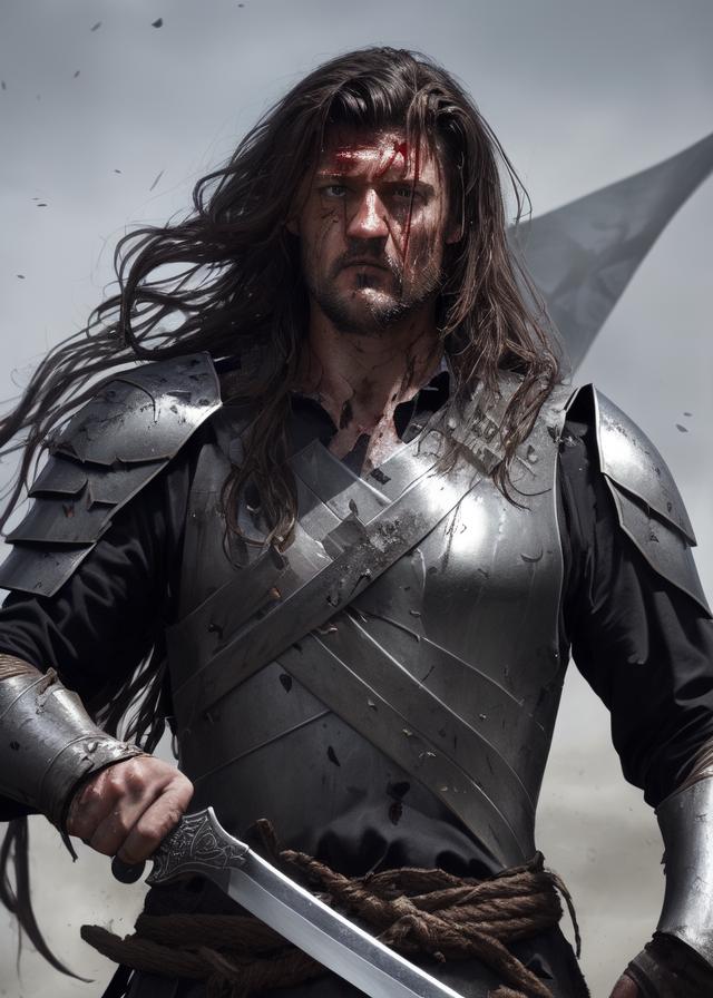 Artificial Intelligence (AI) generated image art, ... as templar, with beard and long hair, highly detail, photo, with a sword, sweaty and bloody from the battle, attacking, in a battle field, 4k, hyperrealistic.