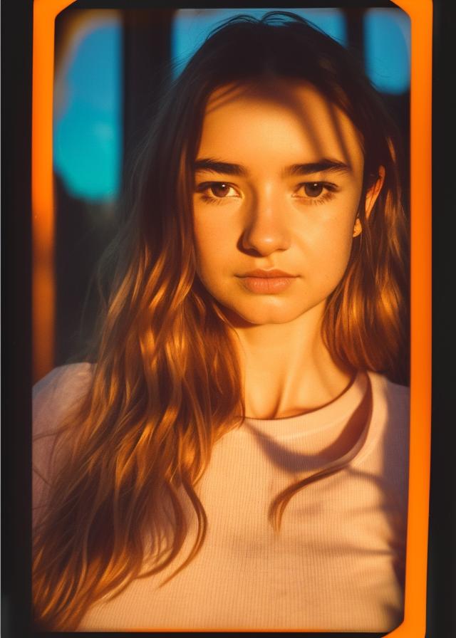 Artificial Intelligence (AI) generated image art, ..., portrait, old polaroid photo, golden hour, small old window with sunset, bathed in orange light, (highly detailed and natural eyes) dreamy and gloomy atmosphere, detailed face, highly detailed, 8k\\\\\\\\\\\\\\\\\\\\\\\\\"