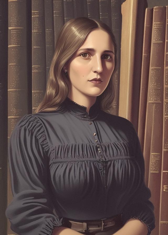 Artificial Intelligence (AI) generated image art, (portrait) of ... in (vintage blouse), realistic, detailed eyes, detailed skin features, at a (gothic library), with (mysterious light)
