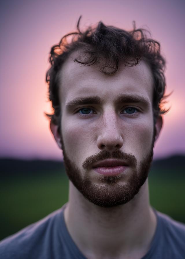 Artificial Intelligence (AI) generated image art, ..., portrait, Shot on 28 mm kodak camera, (twilight), bathed in twilight light, (glowing, smooth face) ((highly detailed eyes)) twilight atmosphere, countryside, (grey with violet sky), detailed face, highly detailed, 8k