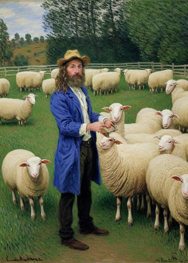 Artificial Intelligence (AI) generated image art, ..., portrait, as prestigious doctor, on a farm with sheep, painting, by Claude Monet