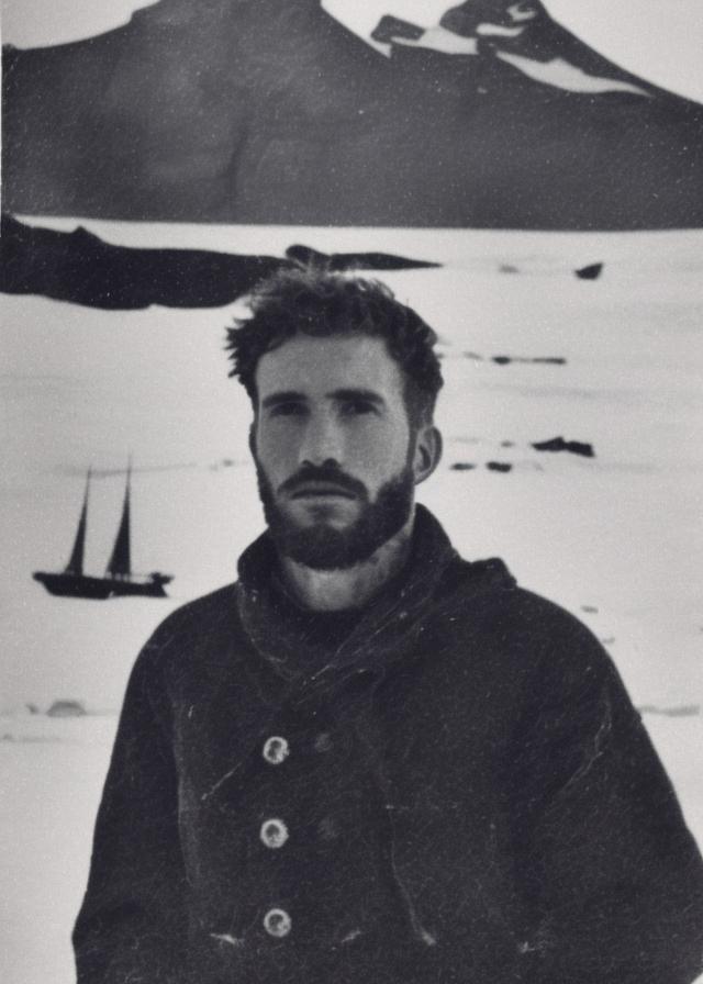 Artificial Intelligence (AI) generated image art, portrait of ..., very old Antarctic expedition photo, 100-year old photo, b&w photo, cracks in photo, slightly damaged photo, vintage mood, Antarctic landscape, ((stranded ship in the background))