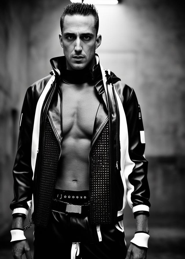 Artificial Intelligence (AI) generated image art, fashion photography of ..., wearing futuristic hiphop fashion, inside berghain, futuristic fashion, photo 3 5 mm leica, hyperdetail, 8 k, very detailed, black and white