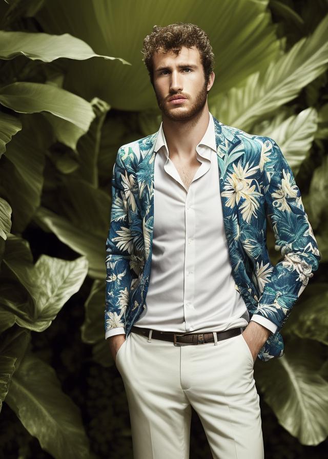 Artificial Intelligence (AI) generated image art, ..., portrait, in hawaii, Shot on Hasselblad H6D-400c lens, copy Sisley Spring  Summer 2014 campaign session with more of a vogue or fancy gentleman style clothes, ultra high definition, ultra-realism, ultra realistic, young, handsome, gentleman
