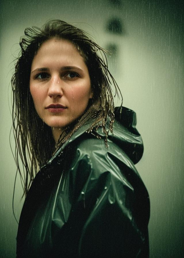 Artificial Intelligence (AI) generated image art, ... portrait, shot on 28 mm kodak camera, night light, rain, (wet hair), wet raincoat, (glowing, smooth face), (realistic eyes), mysterious atmosphere, highly detailed