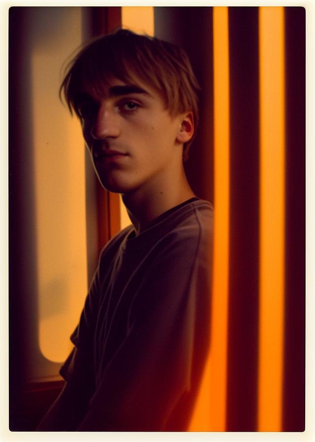 Artificial Intelligence (AI) generated image art, ..., portrait, old polaroid photo, golden hour, small old window with sunset, bathed in orange light, dreamy and gloomy atmosphere, detailed face, highly detailed, 8k