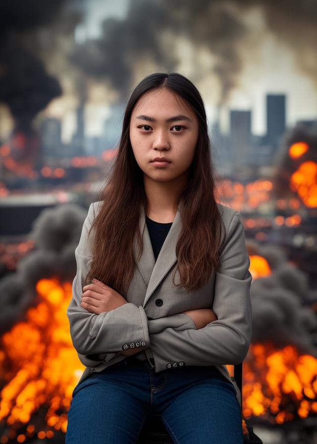 Artificial Intelligence (AI) generated image art, Portrait shot on a Hasselblad H6D-400c lens (highly detailed and natural eyes) symmetry with the background having buildings on fire, while sitting there without a care in the world