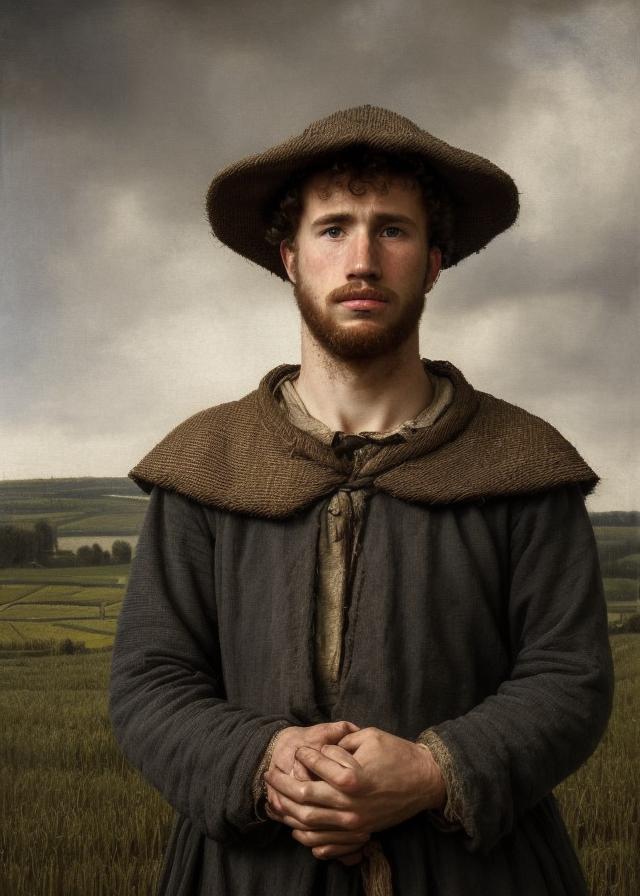 Artificial Intelligence (AI) generated image art, (portrait) of ... as Holland peasant, poor ambiance,  (realistic face features) detailed eyes, (dark mysterious light)  (old atmosphere) (fields on the background, 1600 year)