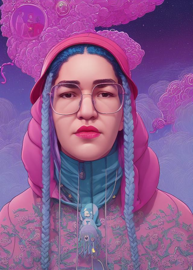 Artificial Intelligence (AI) generated image art, adorably cute (...), portrait by Victo Ngai, Kilian Eng vibrant colors, winning-award masterpiece, fantastically gaudy, aestheticly inspired by beksinski and dan mumford, 4K upscale with Simon Stalenhag work, sitting on the cosmic cloudscape