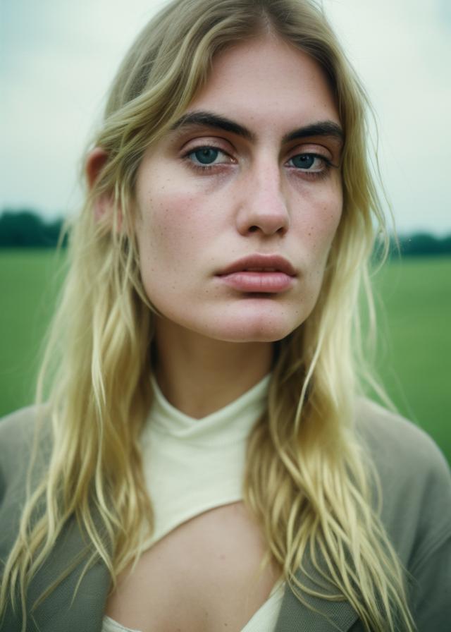 Artificial Intelligence (AI) generated image art, ..., portrait, Shot on 28 mm kodak camera, twilight, countryside, bathed in twilight light, (glowing, smooth face) (highly detailed and natural eyes) dreamy and gloomy atmosphere, detailed face, highly detailed, 8k\"