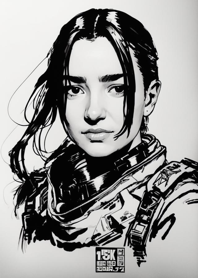 Artificial Intelligence (AI) generated image art, ..., portrait, as space soldier, yoji shinkawa, b&w, ink drawing, ink, manga, concept art