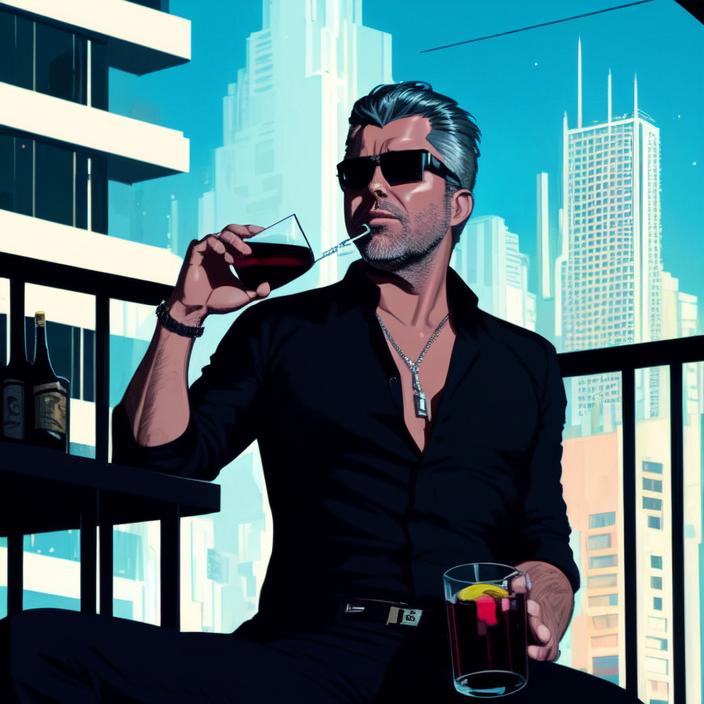 Artificial Intelligence (AI) generated image art, ..., sitting on a balcony, legs swinging back, wearing sunglasses and a black blouse, Derek Gores, drinking a drink at a speakeasy, by Josan Gonzalez  and Tomer Hanuka and Geof Darrow and Brad Rigney and  Greg Rutkowski,highly detailed, UHD, 8K, Ghost in the shell, Blade Runner, Trending on artstation, bokh, dof