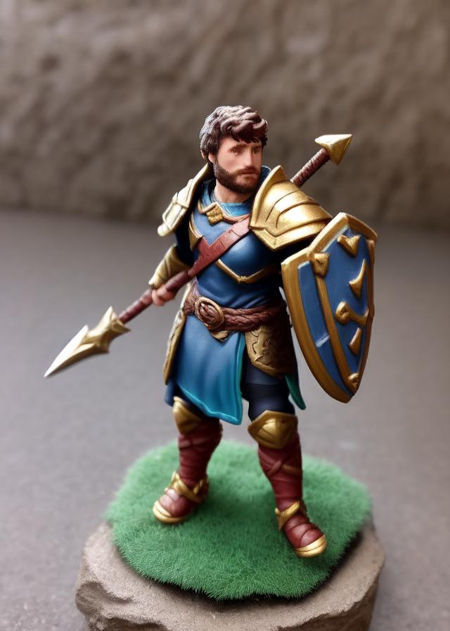 Artificial Intelligence (AI) generated image art, ..., as a beautiful miniature figurine, as a dnd paladin, miniature terrain, mountainous background