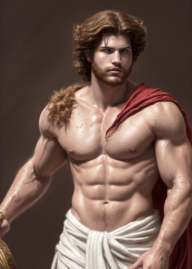 Artificial Intelligence (AI) generated image art, painted portrait of (...) as rugged Hercules, greek god, red hair, masculine, powerful, handsome, opulent, upper body, white robe, muscular, hairy torso, fantasy, intricate, elegant, highly detailed, digital painting, artstation, concept art, smooth, sharp focus, illustration, art by gaston bussiere and magali villeneuve