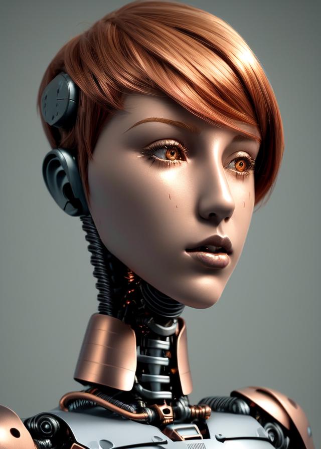 Artificial Intelligence (AI) generated image art, ..., digital art, (robotized), (robot), ((plastic skin)), mannequin, sci-fi, photorealistic, detailed, copper hair, short hair, molded hair, wig, modular