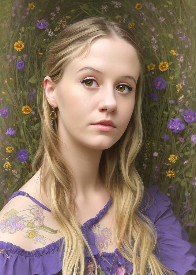 Artificial Intelligence (AI) generated image art, ...  portrait, detailed realistic, wild flowers, birds,  Amano,  Alphonse Mucha, beautiful, highly  detailed,  fantasy,  deep focus, matte