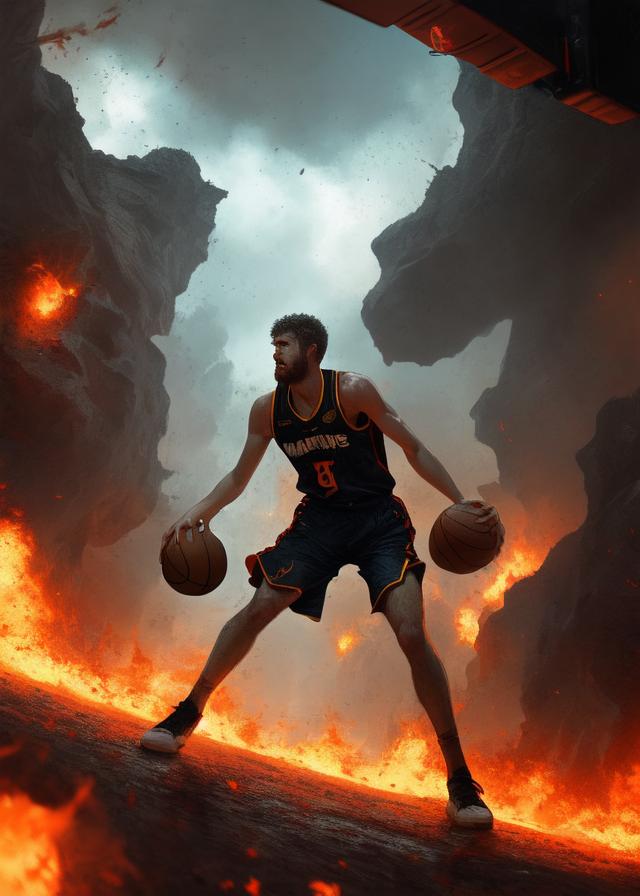 Artificial Intelligence (AI) generated image art, ..., playing basketball, (in hell), art by greg rutkowski, ultra detailed, 8k, sharp focus