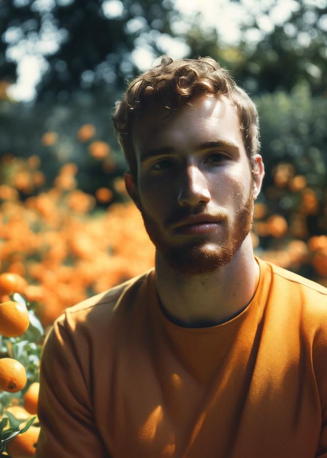 Artificial Intelligence (AI) generated image art, ..., portrait, old polaroid photo, golden hour, in a Babylonish garden, bathed in orange light, dreamy and gloomy atmosphere, detailed face, highly detailed, 8k