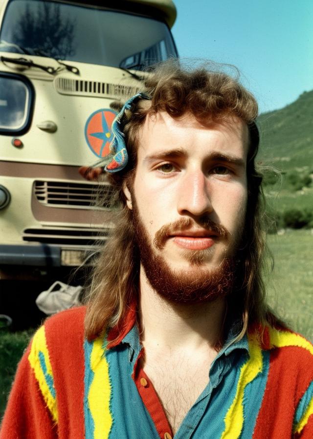 Artificial Intelligence (AI) generated image art, (portrait) of ... as a hippie from 1970, wearing hippie boho clothes, vintage camper on the background, Retro aesthetic, Shot on 28 mm kodak camera, Film vintage colors, 8k, realistic face features, symmetrical eyes