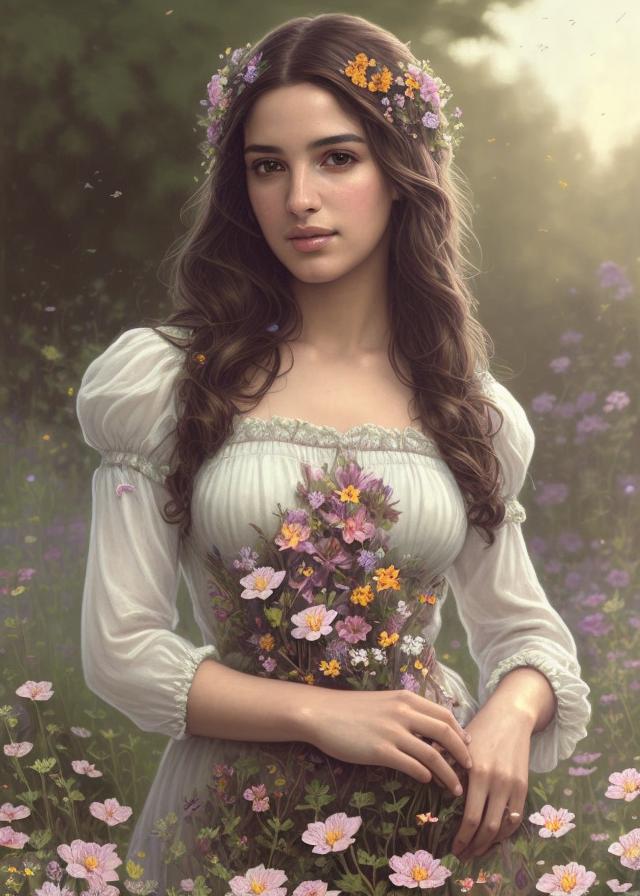 Artificial Intelligence (AI) generated image art, ..., ((portrait)), beautiful brown haired fairy princess, highly detailed illustration, in a garden holding a bunch of wild flowers, deep focus, d & d, fantasy, intricate, elegant, highly detailed, digital painting, artstation, concept art, sunset, matte, sharp focus, illustration, hearthstone, art by artgerm and greg rutkowski and alphonse mucha and marco mazzoni ((portrait)), beautiful brown haired fairy princess, highly detailed illustration, in a garden holding a bunch of wild flowers, deep focus, d & d, fantasy, intricate, elegant, highly detailed, digital painting, artstation, concept art, sunset, matte, sharp focus, illustration, hearthstone, art by artgerm and greg rutkowski and alphonse mucha and marco mazzoni